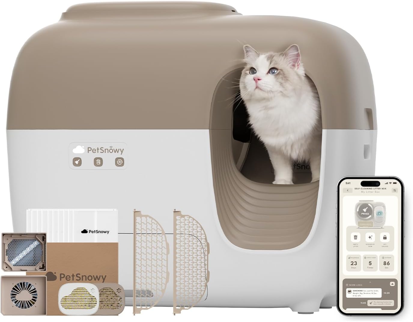 PetSnowy Self Cleaning Cat Litter Tray, Automatic Cat Litter Tray, Robot Litter Box with Odour Control TiO2 System, Auto-Packing, App Control, Large Cats & Multiple Cats Friendly(2025 Premium)