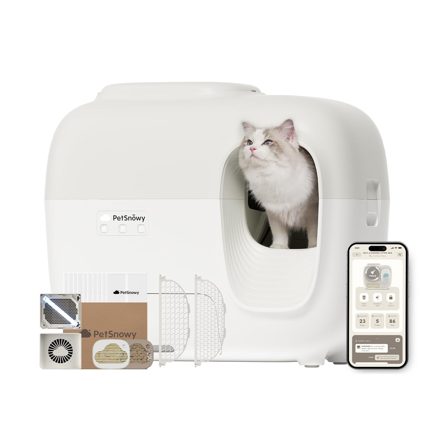 PetSnowy Self Cleaning Cat Litter Tray, Automatic Cat Litter Tray, Robot Litter Box with Odour Control TiO2 System, Auto-Packing, App Control, Large Cats & Multiple Cats Friendly(2025 Premium)