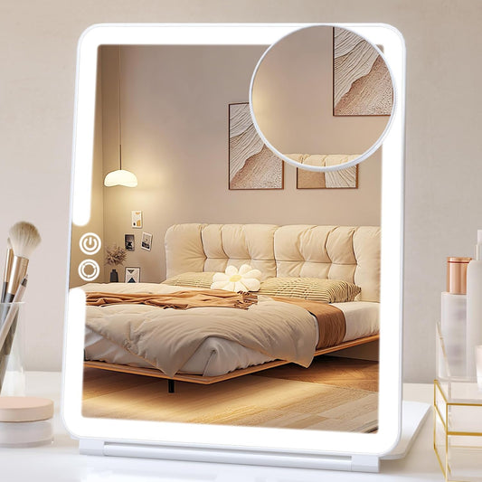 FUNTOUCH Portable Lighted Travel Mirror with 10X Magnifying, 3 Colors Light Modes, Touch Screen Dimming Folding Light Up Mirror for Travel, Cosmetic (White)